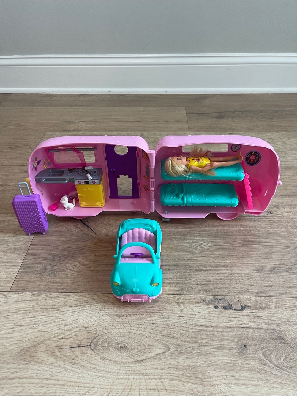 Barbie Pink Play Camper with Teal Car and Purple Luggage
